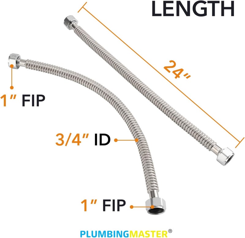 PLUMBINGMASTER Stainless Steel Corrugated Water Heater Connector, 24-Inch,1/4 OD 1” FIP* 1” FIP hot and Cold Corrugated Water Flexible Hose, Leak-Proof, 10-Year Warranty, 2-Pack - Image 2